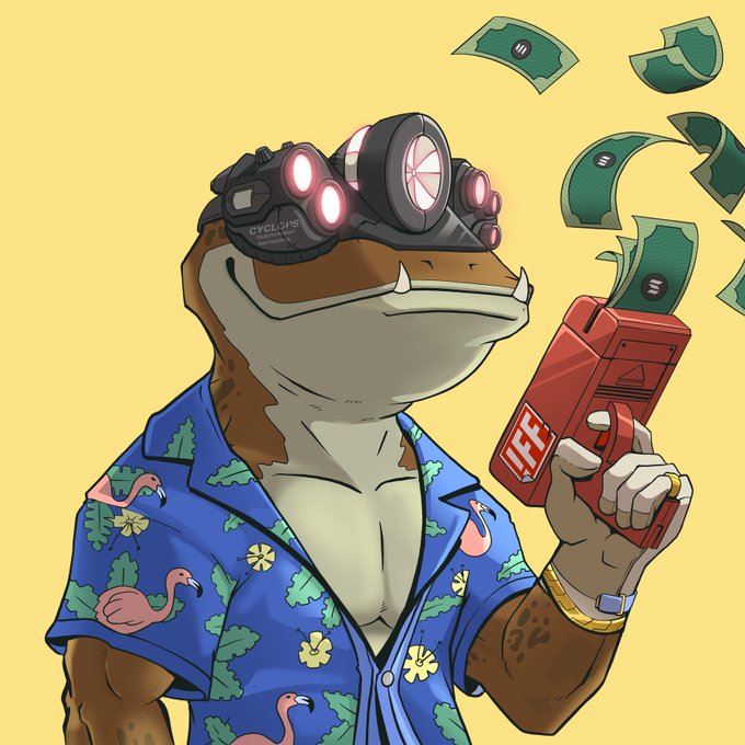Cartoon frog wearing a tropical shirt, gold chain, and Cyclops goggles, holding a red gun that shoots money.