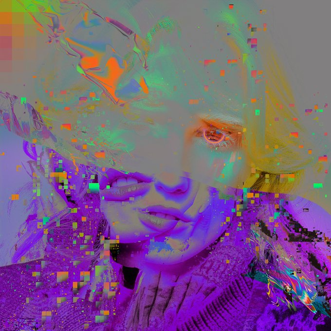A vibrant, psychedelic glitch art portrait featuring bright neon colors, pixelated squares, and visual distortions over a person's face.