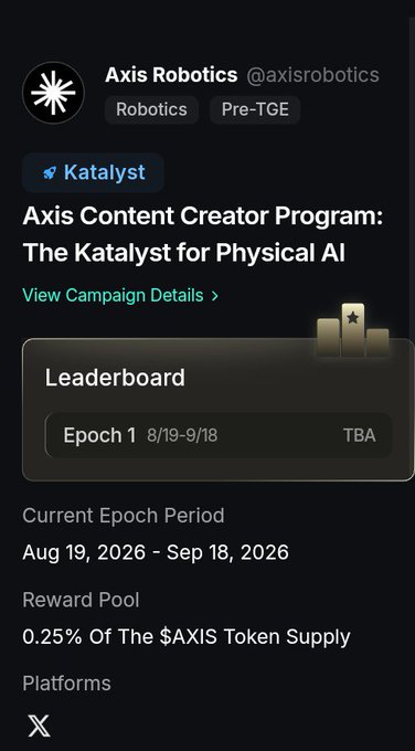 A social media post from Axis Robotics (@axisrobotics) promoting their 'Axis Content Creator Program: The Katalyst for Physical AI' campaign, showing details like Epoch 1 (8/19-9/18), a reward pool of 0.25% of the $AXIS token supply, and the X platform.