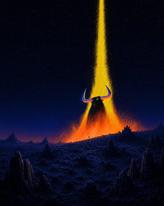 A horned bull figure emerges from a desolate, rocky landscape beneath a starry night sky, with a bright yellow beam of light shooting upward from its head and fiery orange explosions erupting around its base. The image visually captures the explosive, bullish sentiment of the $ANSEM "coin of this cycle" narrative, symbolizing the token's meteoric rise and dominance in the crypto market.