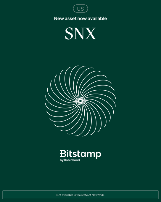 The image shows a poster for trading Bitcoin with Bitstamp, which features a design of a white spiral pattern. The poster includes text that announces the release of a new asset, SNYX (Synthetix), and mentions the website "bt stamped". This suggests that users can easily access the new asset on the Bitstamp platform, making it an ideal place to buy or sell Bitcoin in the US.