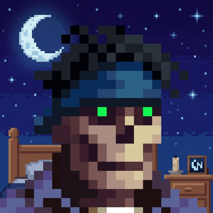 Pixel art depicting a blocky, Minecraft-style character with green eyes sitting in a bedroom at night, illuminated by moonlight.