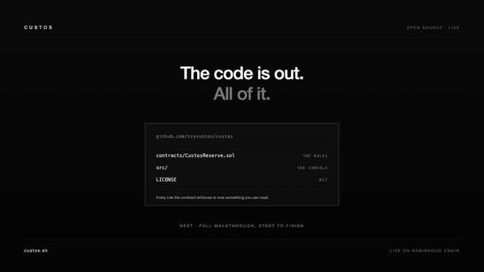 A minimalist dark webpage for CUSTOS announcing 'The code is out. All of it,' with links to github.com/trycustos/custos and a 'LIVE ON ROBINHOOD CHAIN' footer.