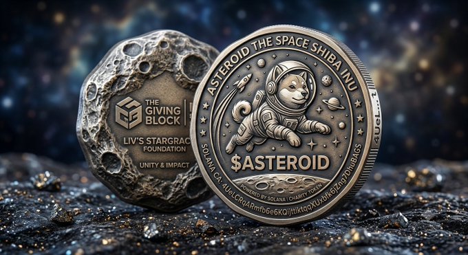 Two commemorative coins rest on a rocky, asteroid-like surface against a starry cosmic backdrop, with the right coin prominently featuring a Shiba Inu in a spacesuit and the text "ASTEROID THE SPACE SHIBA INU" and "$ASTEROID," while the left coin displays "THE GIVING BLOCK," "LIV'S STARGRACE FOUNDATION," and "UNITY & IMPACT." The imagery visually reinforces the post's introduction of the $ASTEROID Solana meme token, blending its playful space-Shiba branding with the charitable partnership theme.