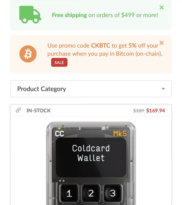 An e-commerce listing for the Coldcard Wallet Mk5 hardware cryptocurrency wallet, marked IN-STOCK and discounted from $189 to $169.94, with a promo banner offering 5% off Bitcoin payments using code "CKBTC."