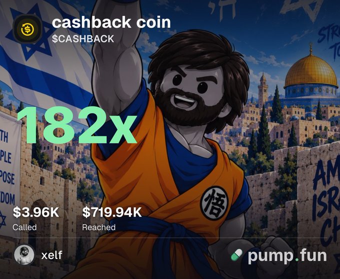 A Pump Fun promotional graphic for "$CASHBACK" (Cashback Coin) features an anime-style Goku-like character in an orange gi with an Israeli flag and the Dome of Rock in the background, alongside text showing "182x" returns with $3.96K called and $719.94K reached, posted by user xelf from the PumpFun app to celebrate a successful prediction.