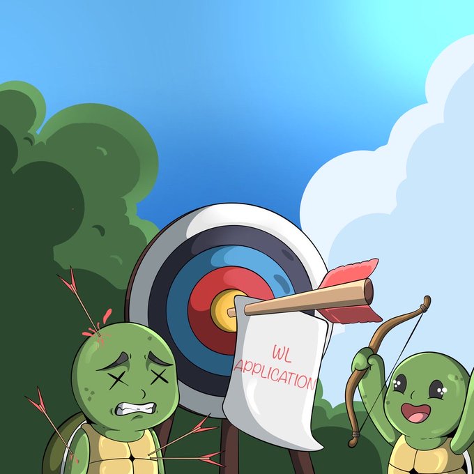 Two cartoon turtles stand near a target with an arrow stuck in it holding a banner reading "WL APPLICATION," while one sad turtle with arrows in its body looks on and another happy turtle holds a bow—visually representing the whitelist application process for the TurtleTribeNFTs collection launching on Robinhood Chain.