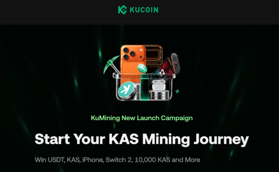 The image is a KuCoin promotional banner for a "KuMining New Launch Campaign" with the headline "Start Your KAS Mining Journey," advertising prizes including USDT, KAS, an iPhone, a Switch 2, and 10,000 KAS. It features the KuCoin logo at the top and a graphic showing a pickaxe striking a treasure chest filled with coins and electronics, symbolizing crypto mining rewards. The accompanying post highlights the campaign's mining tasks, referral system, and rewards, urging users to participate before the 2-day deadline.