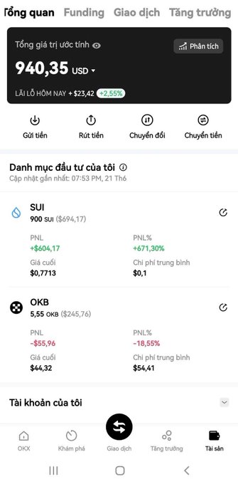 A mobile app screenshot showing a cryptocurrency portfolio with a total estimated value of 940.35 USD, highlighting holdings in SUI (+604.17 PNL) and OKB (-55.96 PNL).