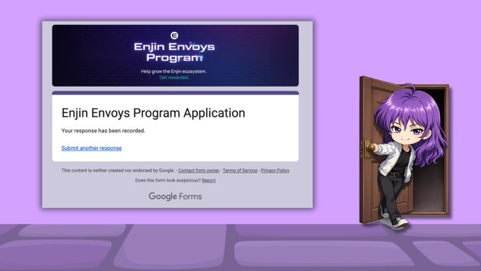 A Google Forms submission confirmation for the 'Enjin Envoys Program Application' is shown next to a chibi character with purple hair peeking out of a door.