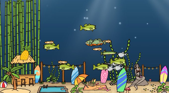 A cartoon underwater scene featuring a beachside tiki hut, surfboards, bamboo, a mermaid statue, and various green and orange fish swimming among seaweed and bubbles.