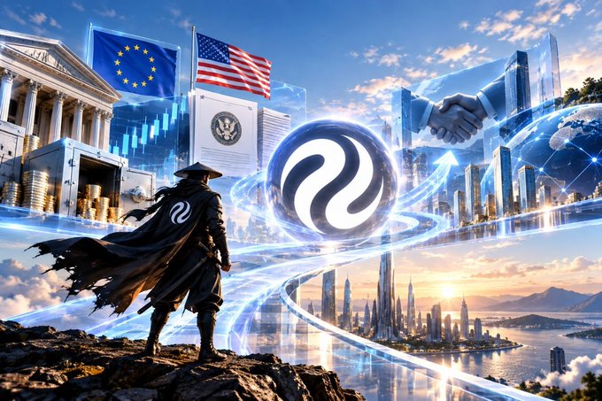 A digital illustration showing a warrior figure looking toward a futuristic city, with EU and US flags, financial charts, and a globe with a stylized logo in the center.
