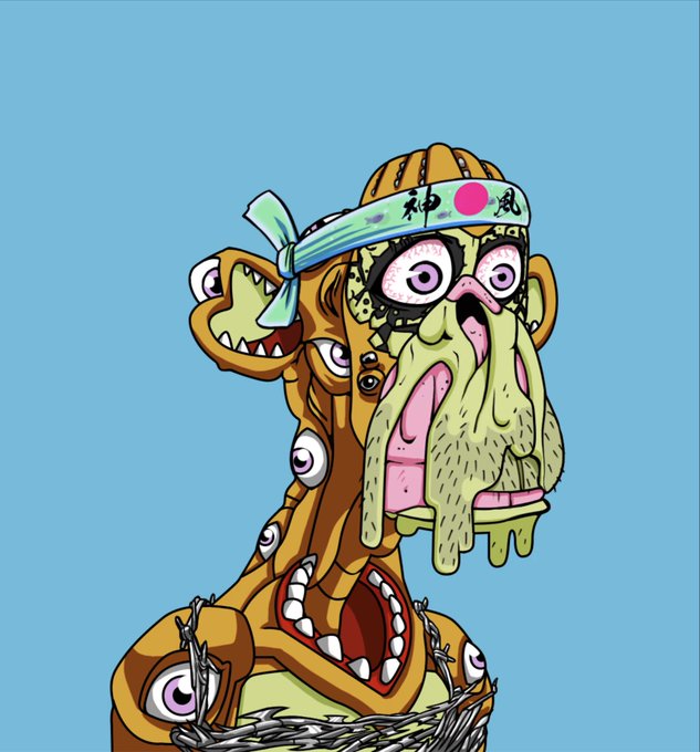 A cartoon illustration of a grotesque, melting humanoid figure with multiple eyes, exposed teeth, and a green headband with Japanese characters, set against a blue background.