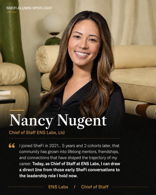 The image features a woman sitting down, smiling for the camera. The text in the image reads "SheFi Did For Me She joined SheFi not knowing what a DAO was. 5 years later: Chief of Staff at ENS Labs. This is what happens when women stop learning Web3 alone." It seems that she has been involved with SheFi since its early days and has become a leader in the space, as indicated by her title "Chief of Staff" for ENS Labs.