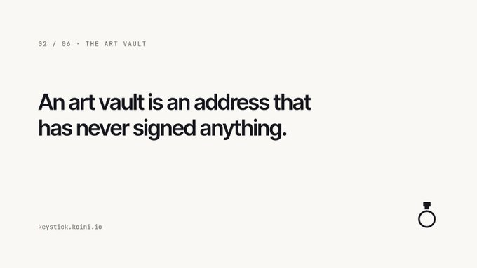A minimalist slide with the text 'An art vault is an address that has never signed anything.' under the header '02 / 06 - THE ART VAULT', with 'keystick.koin1.io' shown in the bottom left corner.
