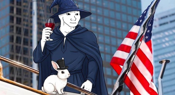 A wizard in a pointed hat and flowing cloak holds a glass of red wine while standing next to a small white rabbit in a top hat and an American flag, with city skyscrapers in the background. The image evokes the "magic money meme" trope—a mysterious figure seemingly pulling something out of a hat—to humorously counter the post's claim that Bitcoin was dismissed as "magic internet money" but has proven to be genuine financial innovation.