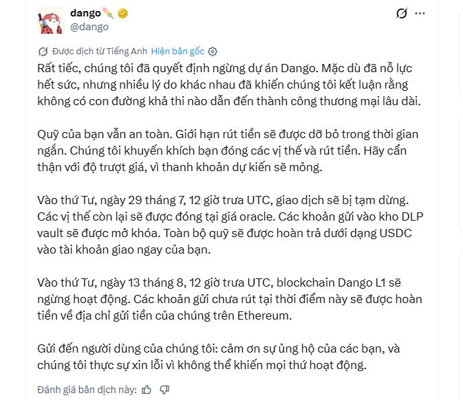 A Vietnamese-language Twitter/X post from @dango announcing the discontinuation of the Dango project, detailing the wind-down timeline including position closures on July 29 and L1 blockchain shutdown on August 13, with funds to be returned as USDC.