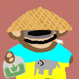 A pixel art illustration of a character wearing a waffle-textured conical hat, holding a sandwich, with a glitch-style distorted face featuring a large mouth.