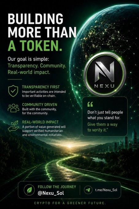 An advertisement for 'NEXU' with the headline 'BUILDING MORE THAN A TOKEN' and bullet points about transparency, community, and real-world impact.