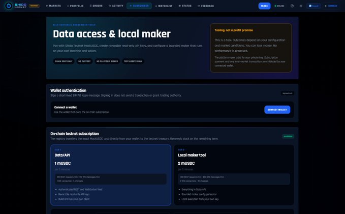 Screenshot of Shots Testnet Marketplace's 'Data access & local maker' subscription page, showing wallet authentication and on-chain paid subscriptions options like 'Data/API' for 1 miUSDC and 'Local maker tool' for 2 miUSDC.