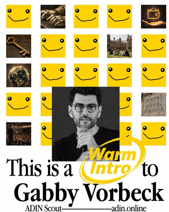 A promotional graphic introducing 'Gabby Vorbeck' with the subtitle 'ADIN Scout---adin.online' and a 'Warm Intro' graphic, featuring his photo over a background of yellow smiley faces and tech-related images.