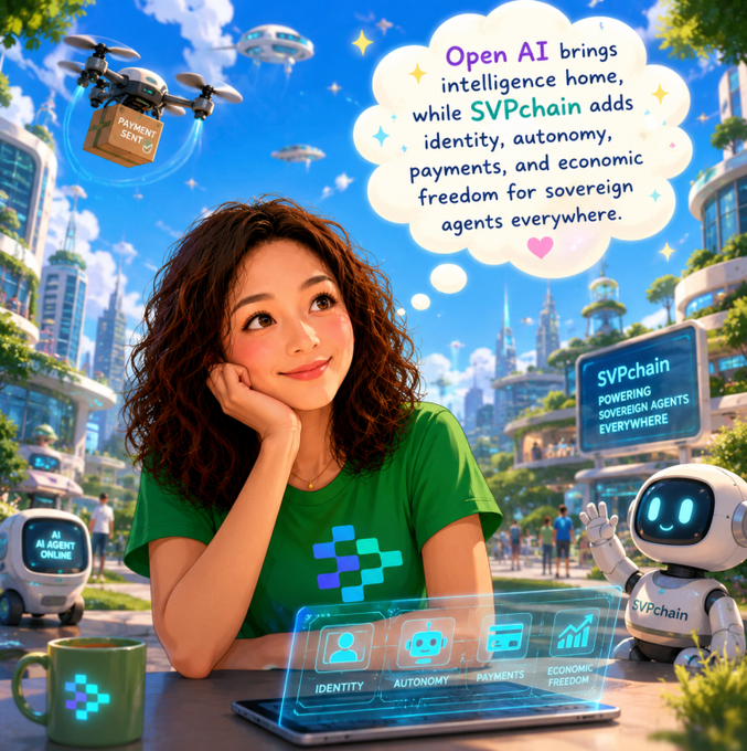 A vibrant futuristic illustration featuring a smiling woman in a green SVPchain shirt, with a thought bubble reading 'Open AI brings intelligence home, while SVPchain adds identity, autonomy, payments, and economic freedom for sovereign agents everywhere,' alongside a robot and futuristic cityscape.
