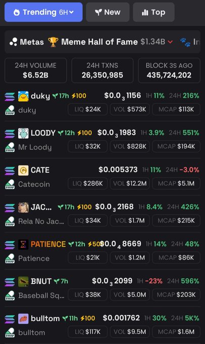 A cryptocurrency trading dashboard showing trending tokens including duk y, LOODY, CATE, JAC..., PATIENCE, BNUT, and builtom, with a Meme Hall of Fame market cap of $1.34B.