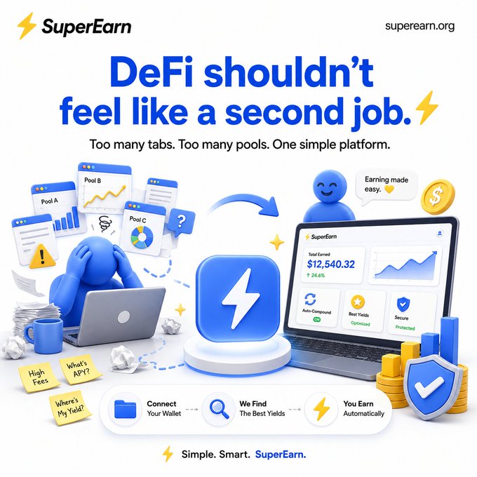Advertisement for SuperEarn (superearn.org) promoting a DeFi platform with the tagline 'DeFi shouldn't feel like a second job' and highlighting features like auto-compound, best yields, and security.