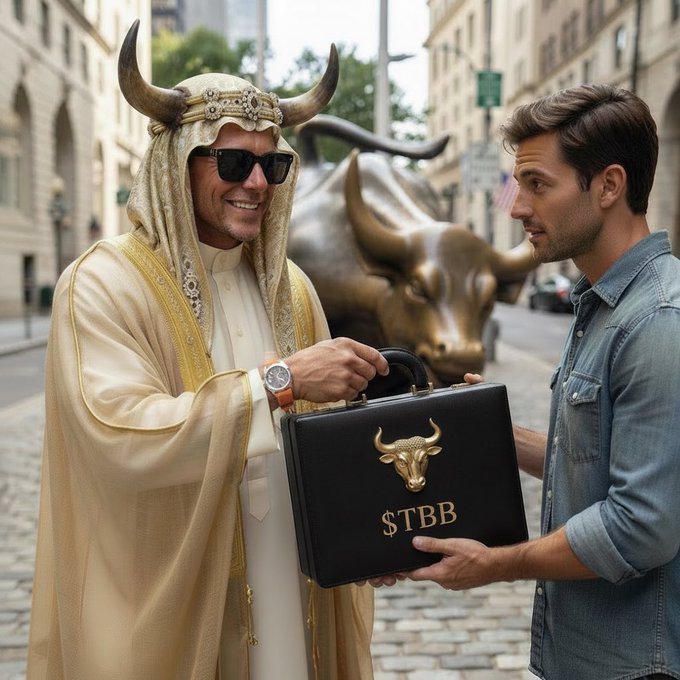 A man wearing traditional Middle Eastern attire, including a horned headdress, smiles as he hands a black briefcase adorned with a gold bull head and '$TBB' to another man on a city street, with a large bull statue behind them.