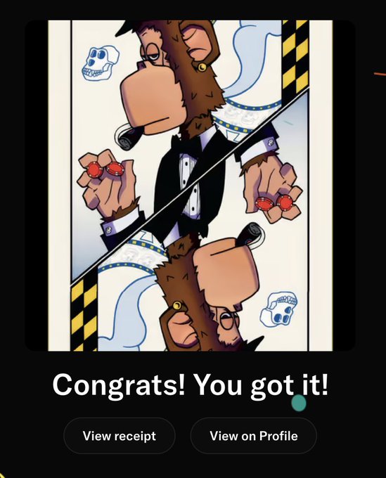 A black collectible-style screen displays a mirrored cartoon caveman playing a microphone and holding red cherries, with the text “Congrats! You got it!” and buttons “View receipt” and “View on Profile.”