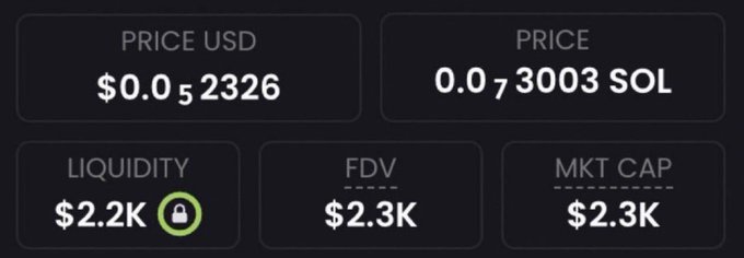 The image shows a cryptocurrency token's market data with a price of $0.052326 USD (0.073003 SOL), alongside metrics displaying approximately $2.2K liquidity, $2.3K FDV (fully diluted valuation), and $2.3K market cap. This directly illustrates the social media post's pitch of a coin with a tiny ~$2K market cap, highlighting the low starting valuation that the post promises could potentially reach $10 million (a 1000x return).