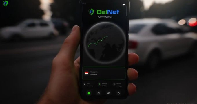 A person holding a smartphone displaying the BelNet VPN app connecting through Singapore, set against a street scene with parked cars at dusk.