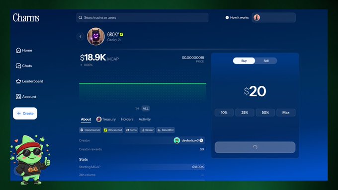 A screenshot of the 'Charms' trading platform showing a token called 'GROKY' with $18.9K MCAP and a $20 buy input field.