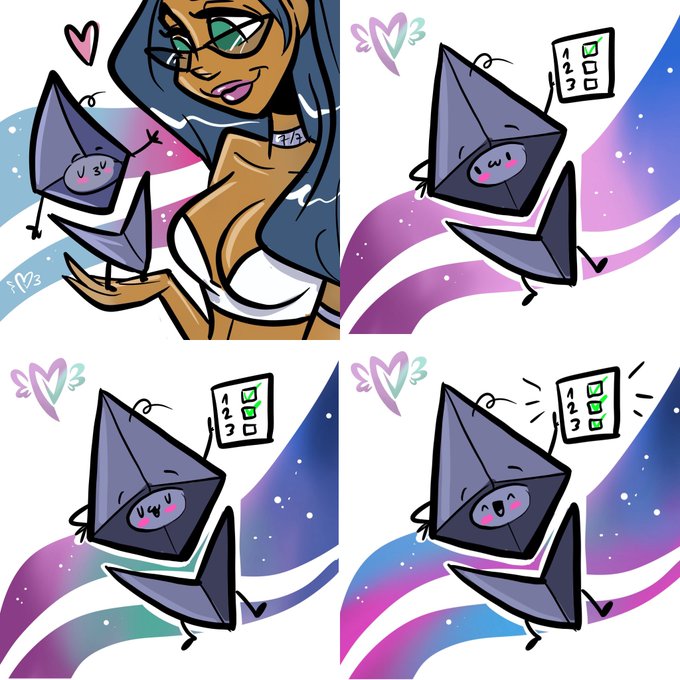 A 4-panel comic featuring a woman holding a cute purple email/envelope character, who later is shown checking off boxes on a checklist while floating among colorful wavy lines.
