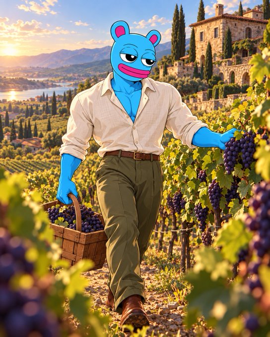 An illustration of a blue cartoon bear-like character wearing a beige shirt and green pants, harvesting grapes in a vineyard with a basket while reaching for bunches, set against a Tuscan-style villa and countryside.