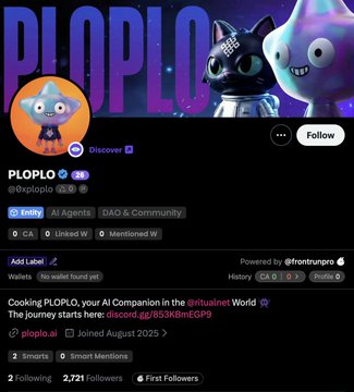 Social media profile for PLOPLO (@ploplo.ai), a Discord community with 2,721 followers, featuring cartoon character avatars.