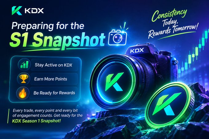 A promotional banner for 'KDX' Season 1 Snapshot featuring a camera, green coin tokens, and text reading 'Consistency Today, Rewards Tomorrow!'