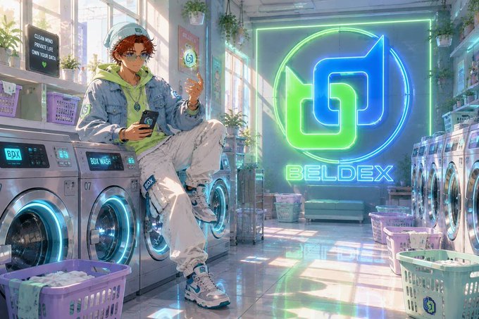 An anime-style digital illustration depicts a character with orange hair sitting on a washing machine in a laundromat, with a neon sign reading 'BELDEX' in the background.