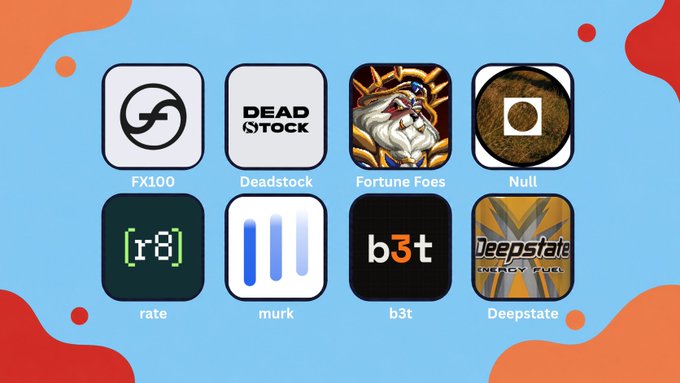 A colorful app-style grid displaying eight project icons/labels: FX100, Deadstock, Fortune Foes, Null, rate, murk, b3t, and Deepstate Energy Fuel.