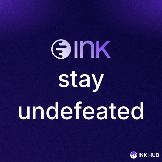 A deep purple graphic displays the stylized "$INK" logo at the top with the bold white text "stay undefeated" beneath it, visually reinforcing the post's message that the $INK token remains unbeaten. The "INK HUB" branding appears in the bottom right corner alongside a small purple logo.