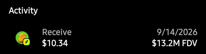 A dark-themed activity notification showing a 'Receive' transaction of $10.34 dated 9/14/2026 with a $13.2M FDV, featuring a chicken nugget icon with a leaf symbol.