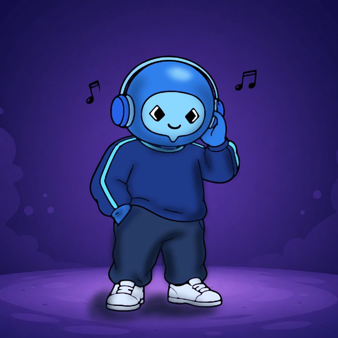A cute blue cartoon mascot wearing headphones, a matching tracksuit, and white sneakers stands smiling against a purple background, with music notes floating around it—visually representing Dlicom's "slow down and listen" message of community, creativity, and growth.