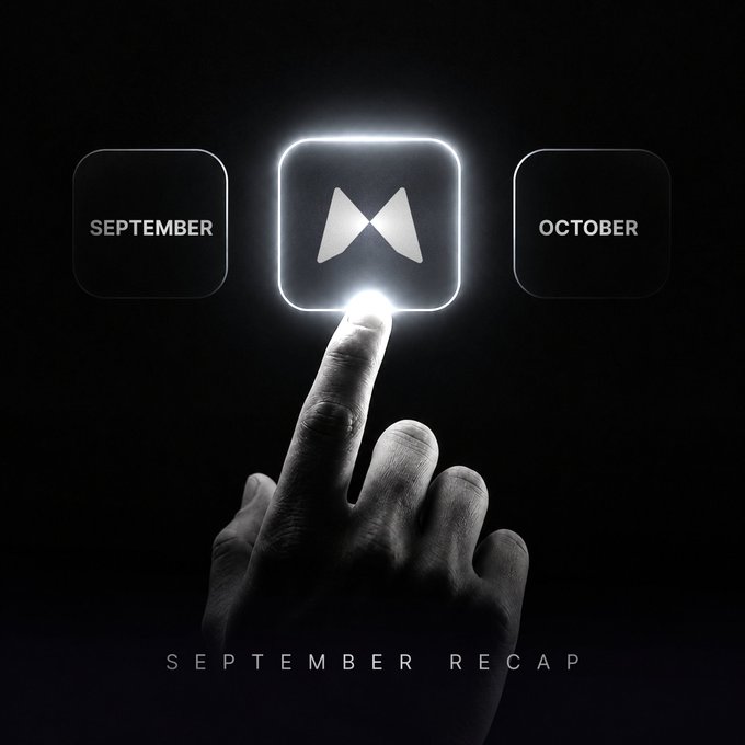 A hand presses against a glowing app icon flanked by "SEPTEMBER" and "OCTOBER" tabs, with "SEPTEMBER RECAP" displayed below, symbolizing Midas's milestone of reaching 47,000+ members in just 20 days since launching on September 11.