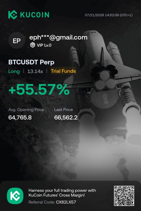 A KuCoin trading app screenshot showing a BTCUSDT Perp Long position with 13.14x leverage on Trial Funds with a +55.57% gain, dated 07/21/2026, including a referral code CX82LX57.