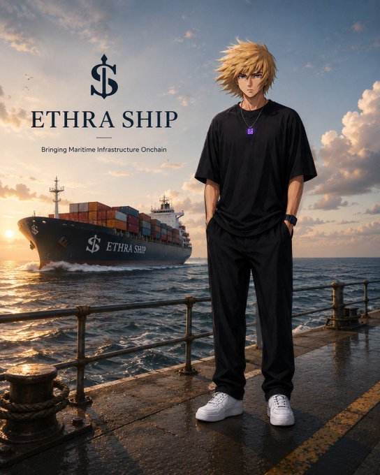 An anime-style character with blonde hair stands on a pier with the 'ETHRA SHIP' logo and tagline 'Bringing Maritime Infrastructure Onchain' displayed alongside a cargo ship.