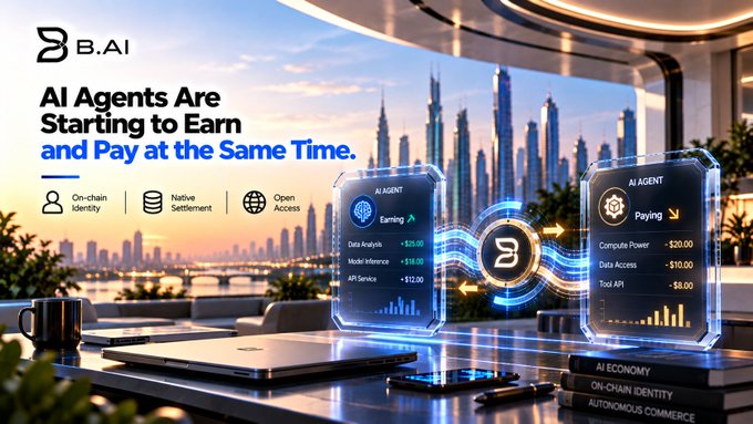 A promotional graphic for 'B.AI' features the headline 'AI Agents Are Starting to Earn and Pay at the Same Time.' over a futuristic cityscape, showing two interfaces for an 'AI AGENT' labeled 'Earning' and 'Paying'.