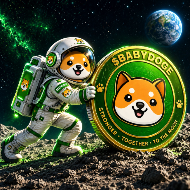 A cartoon Shiba Inu astronaut plants a giant "$BABYDOGE" coin on the moon's rocky surface, with Earth and a starry green nebula in the background. The coin's inscriptions—"STRONGER • TOGETHER • TO THE MOON"—visually echo the post's message of persistent effort leading to success, as the steadfast astronaut embodies the daily commitment that turns a humble meme token into a moon-bound triumph.