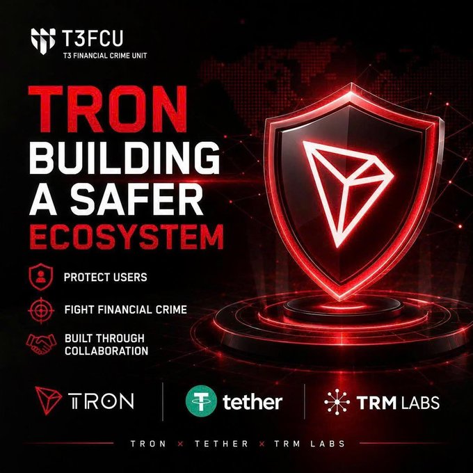 A promotional graphic for 'T3FCU - T3 FINANCIAL CRIME UNIT' announcing 'TRON BUILDING A SAFER ECOSYSTEM' with pillars 'PROTECT USERS', 'FIGHT FINANCIAL CRIME', and 'BUILT THROUGH COLLABORATION', featuring logos for TRON, tether, and TRM LABS.