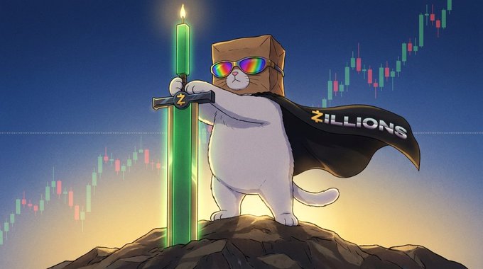 An illustration of a white cat wearing a paper bag over its head with rainbow sunglasses, a black cape reading 'ZILLIONS', and holding a glowing green sword shaped like a candle chart, standing atop a mountain with a stock chart background.