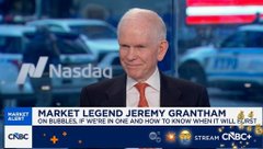 The image shows CNBC's "Market Legend Jeremy Grantham" segment, featuring a man in a suit and red tie being interviewed on the Market Wrap set, with on-screen text reading "MARKET LEGEND JEREMY GRANTHAM: ON BUBBLES, IF WE'RE IN ONE AND HOW TO KNOW WHEN IT WILL POP." The segment relates to the post's discussion of major assets declining significantly from their all-time highs, reflecting Grantham's expertise in identifying market bubbles and predicting their eventual bursts.